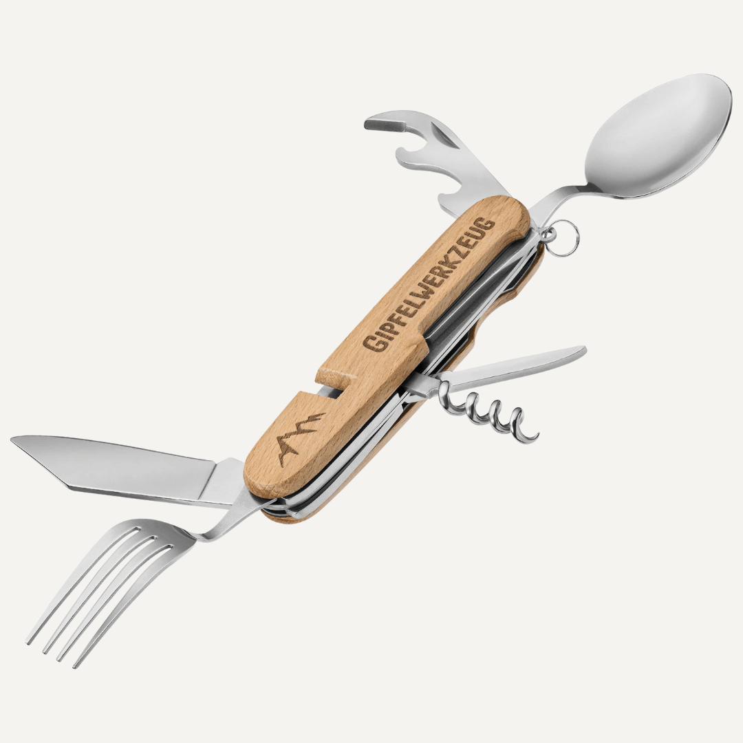 Ein Multitool - unzählige Funktionen / Taschenmesser, Gabel, Löffel, Flaschenöffner, Dosenöffner, Korkenzieher in einem Tool!