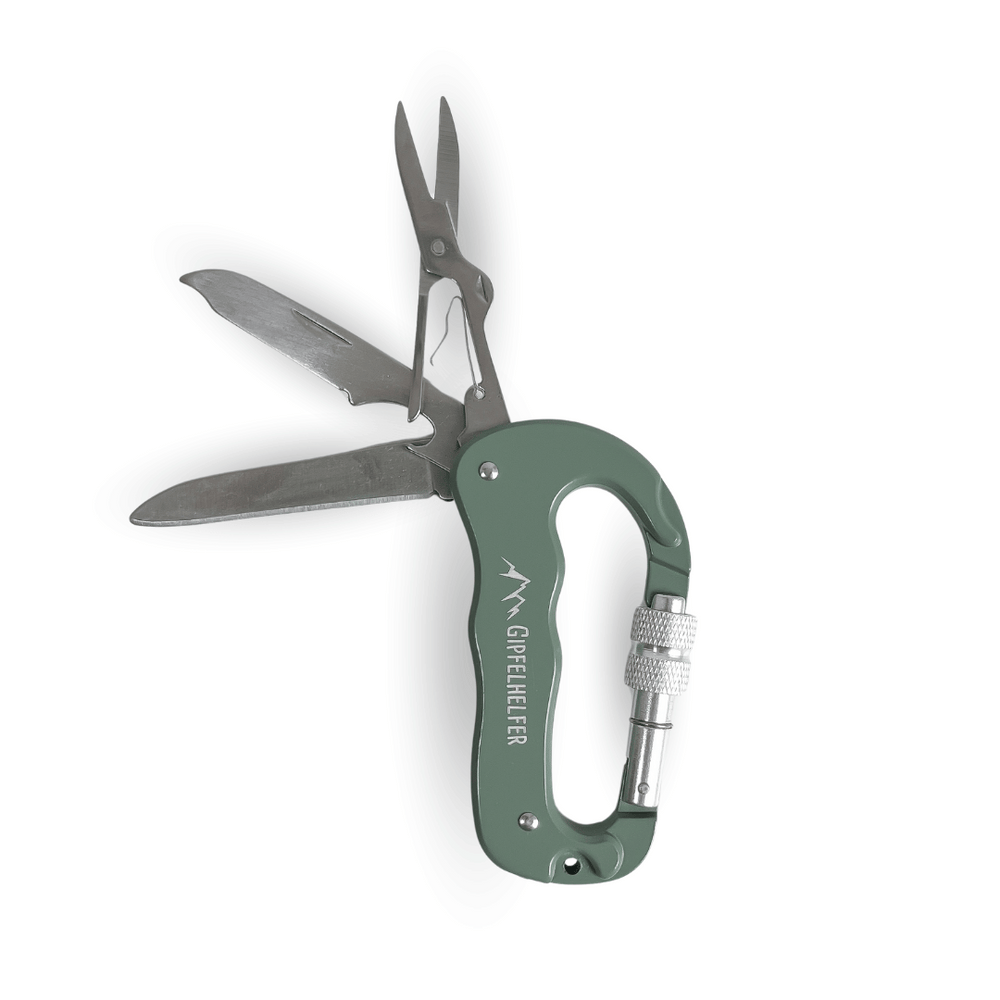 Multifunktionaler Karabiner / Taschenmesser, Flaschenöffner, Feile & Schere.