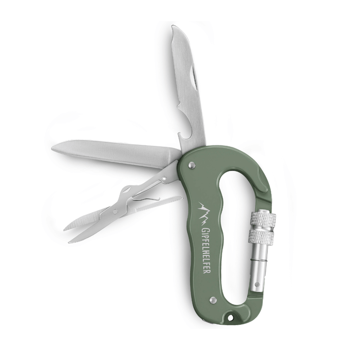 Multifunktionaler Karabiner / Taschenmesser, Flaschenöffner, Feile & Schere. 