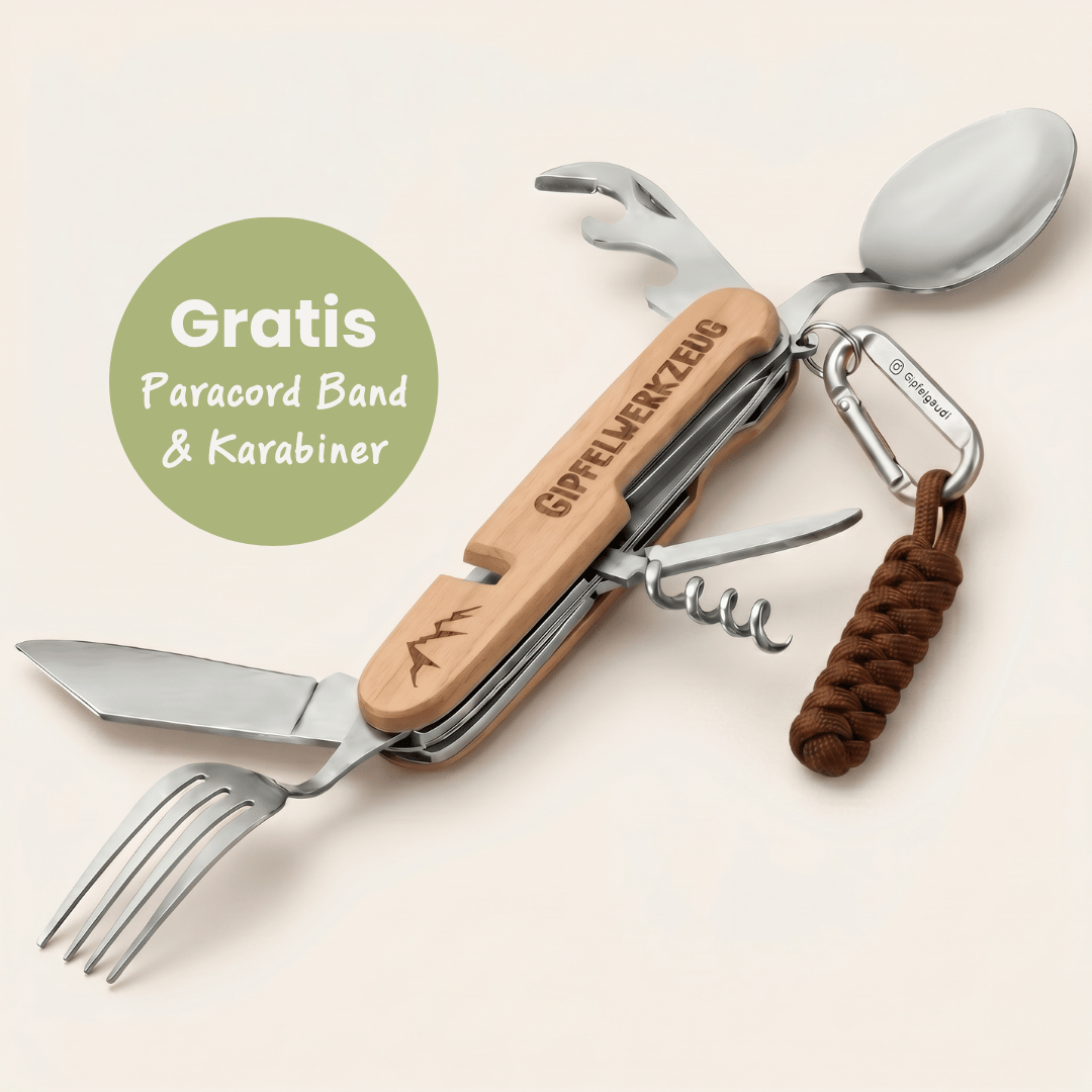 Ein Multitool - unzählige Funktionen / Taschenmesser, Gabel, Löffel, Flaschenöffner, Dosenöffner, Korkenzieher in einem Tool!